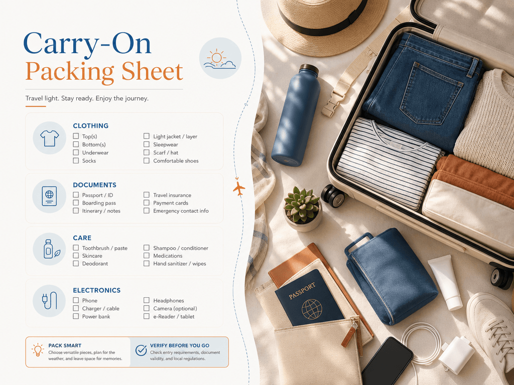 Illustrative category packing checklist with tick boxes