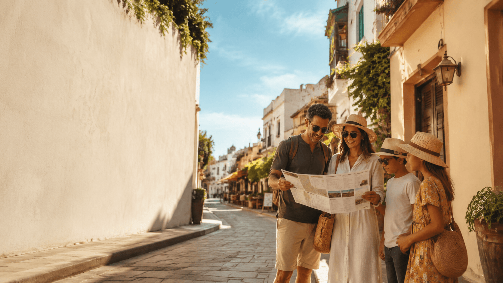 A traveller reviewing a printed day itinerary in a generic walkable neighbourhood