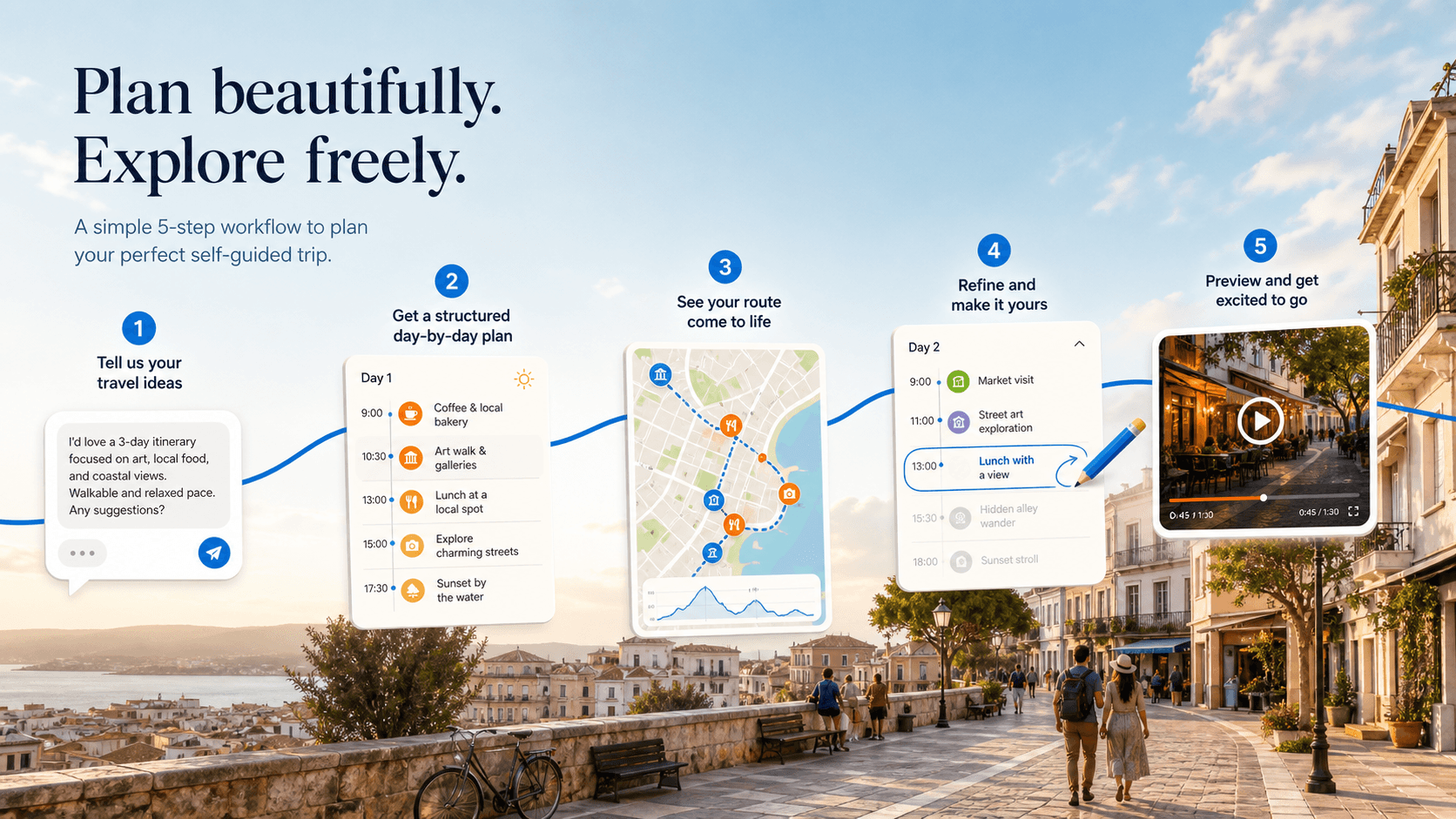 Five connected itinerary planning stages from prompt to recap