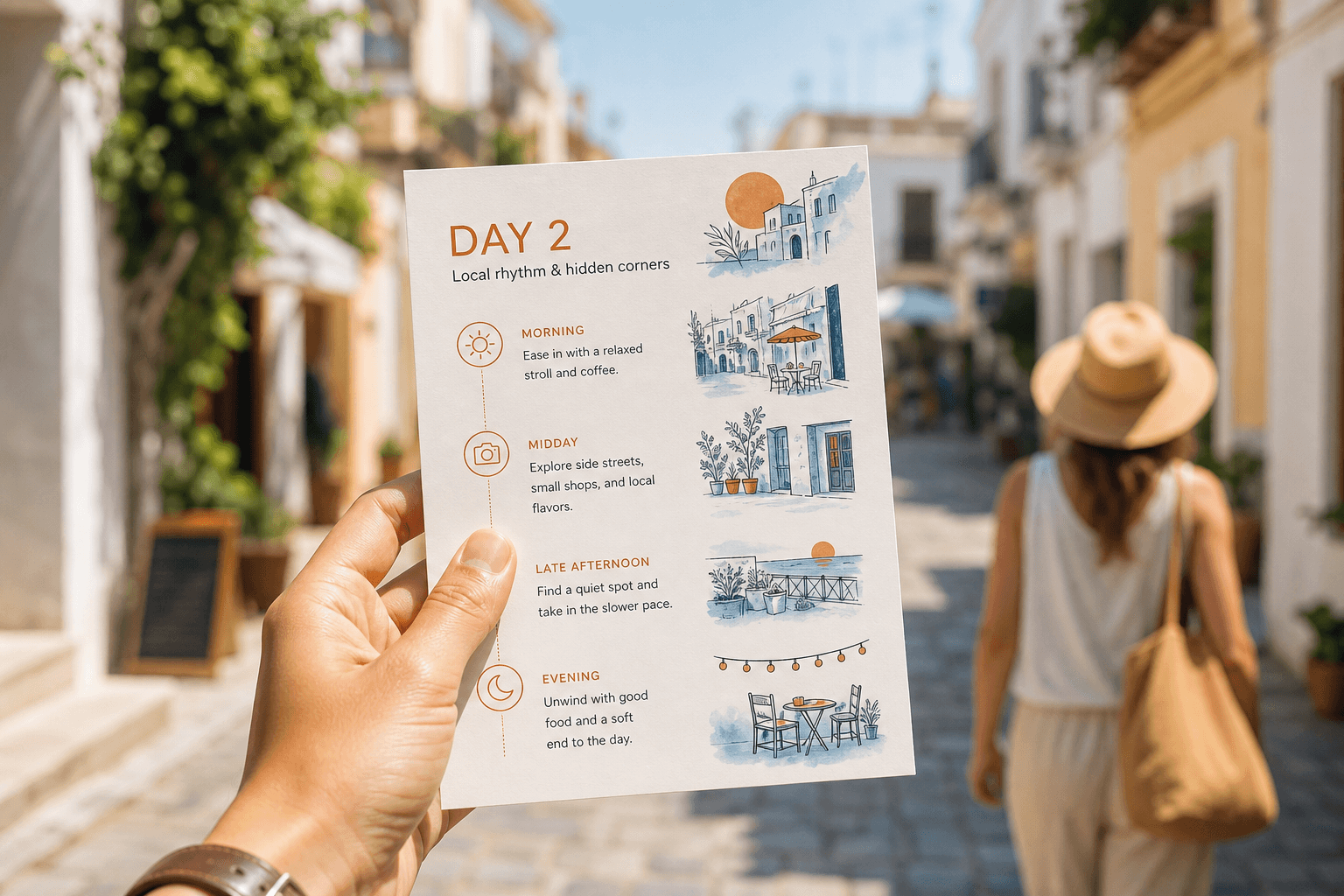 A traveller carrying a printed day itinerary card